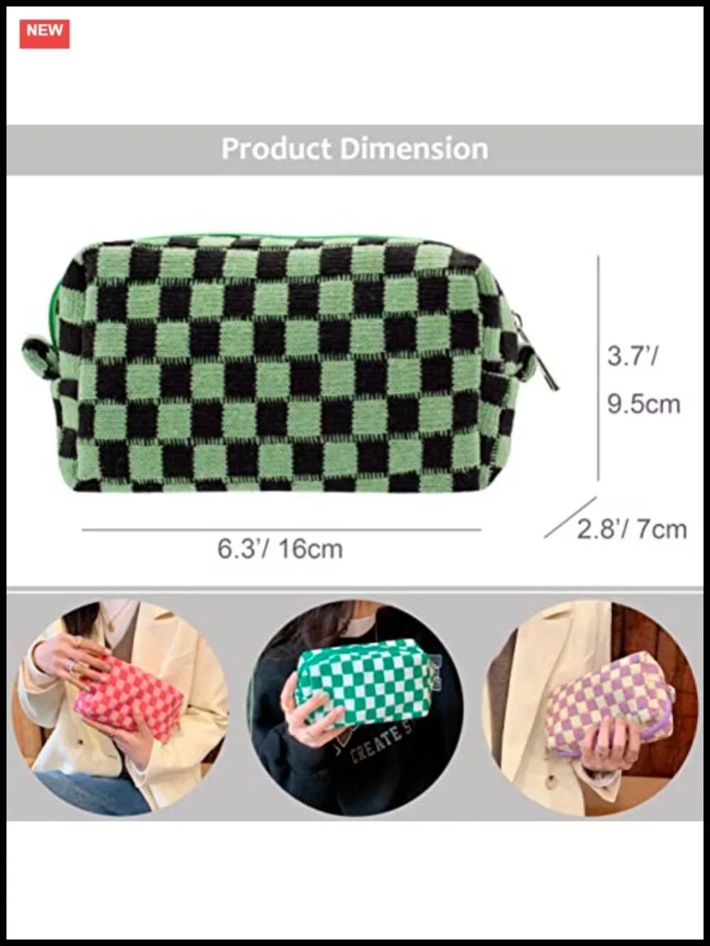 Checkered Zipper Cosmetic Bag Travel Makeup Organizer Women Toiletry Pouch